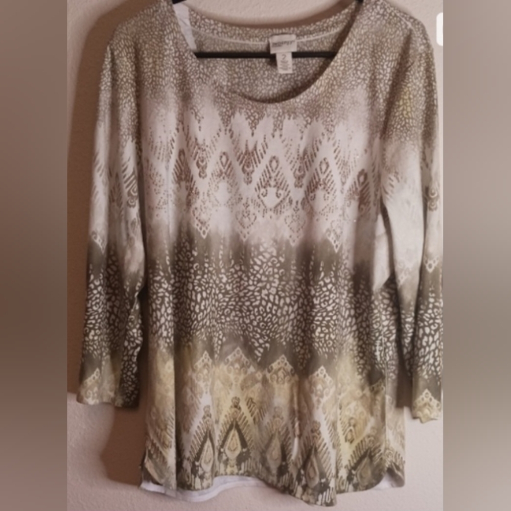 Chico's Olive Green and Cream Patterned Long Sleeve Top